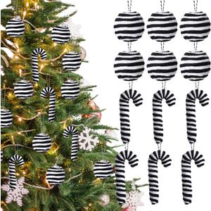 Soulchen 12 Pcs Christmas Candy Cane Ball Decorations - Plush Candy Cane and Hanging Christmas Ball Ornaments, Tree Hanging Decorations for Xmas Tree Home Party Favor Supplies (Black and White)