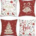 Bonhause Red Christmas Throw Pillow Covers 18 x 18 Inch Xmas Tree Bell Leaf Floral Decorative Pillow Cases for Couch Sofa Bed Home Winter Holiday Decor Set of 4
