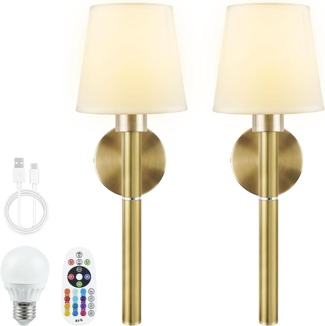 Neddie Battery Operated Wall Sconce Set of 2,Gold Rechargeable Wall Sconce,3 Dimmable Light Bulbs with Remote Control  12-Color Wireless Wall Sconces, Ideal for Bedrooms, Living Rooms& Hallways
