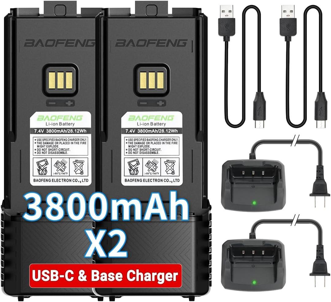 BAOFENG BF-F8HP PRO,AR-5RM Battery Rechargeable 3800mAh Extended Battery USB-C Charger Compatible with UV-5G Plus,UV-5RH PRO GPS,GM-5RH GMRS 5RM Series Ham Radio Handheld Accessories,2 Pack