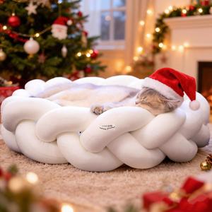 CHEERPALS Weave Cat Bed for Indoor Cats,Cute Pet Bed with Washable Cushion Fluffy Kitty Bed for Small Dog(White)