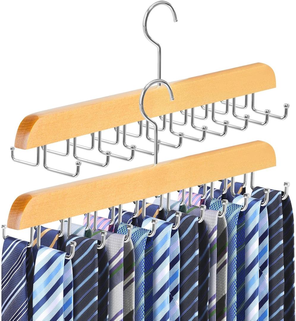 2 Pack Tie Rack Belt Hanger for Closet Fitnice Upgraded Non Slip Tie Hanger Space Saving with 20 Foldable Hooks Wooden Belt Tie Organizer for Tank Tops Bras Cami Scarves