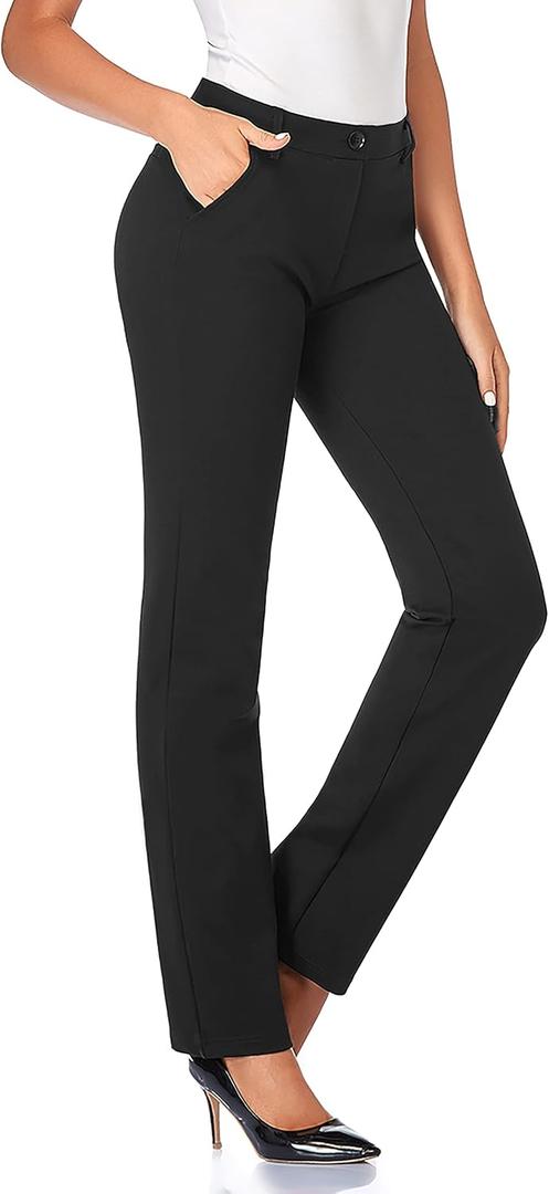 Tapata Women's Stretchy Straight Dress Pants with Pockets Tall, Petite, Regular for Office Work Business 32", Black, S