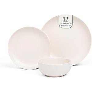 Larder & Vine 12-Piece Melamine Dinnerware Set: Durable, Lightweight, Break-Resistant Plates & Bowls  Stylish, Non-Toxic, Dishwasher Safe  Ideal for Everyday Use, Indoor & Outdoor Dining  Ivory