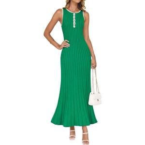 ZESICA Womens 2026 Summer Long Maxi Dress Sleeveless Crew Neck Hollow Out Pleated Ribbed Knit Swing Tank Dresses,Green,Large
