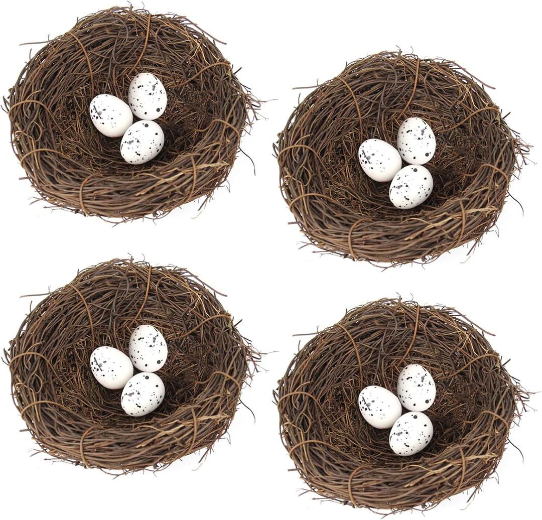 LWINGFLYER Artificial Birds Nest with Eggs 4 Sets Large Decorative Rattan Birds Nest 4.7Inch for Spring Christmas Tree Ornaments Easter Decor Crafts Patio Garden Home Decor