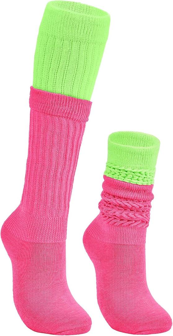 Komorebi Slouch Socks Women's Leg Warmers Cotton Knee High Soft Knit Boot Socks Colorful Scrunch Size 9-11 (Mix Neon Pink&neon Green)