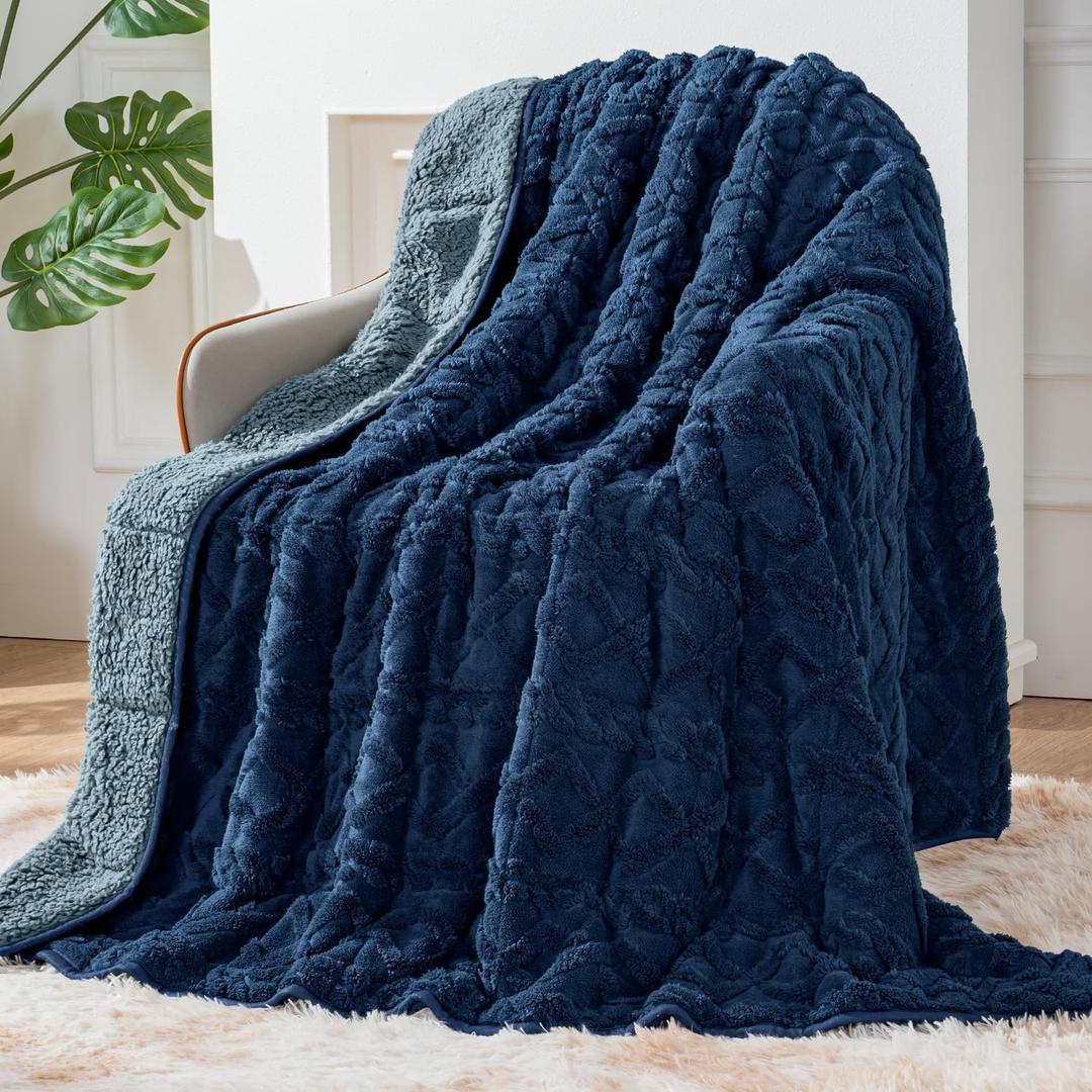 Sherpa Fleece Adult Weighted Blanket Great for Sleep, 15 lbs Dual Sided Soft Fuzzy Heavy Blankets for Couch Bed Sofa, Cozy Warm Fluffy Jacquard Throw for Winter (Navy Blue, 60" x 80", 15 Pounds)