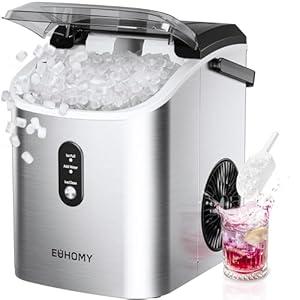 EUHOMY Nugget Ice Maker Countertop with Handle, Ready in 6 Mins, 34lbs Per Day, Removable Top Cover, Auto-Cleaning, Portable Sonic Ice Maker with Basket and Scoop, for Home/Party/RV/Camping (Silver)