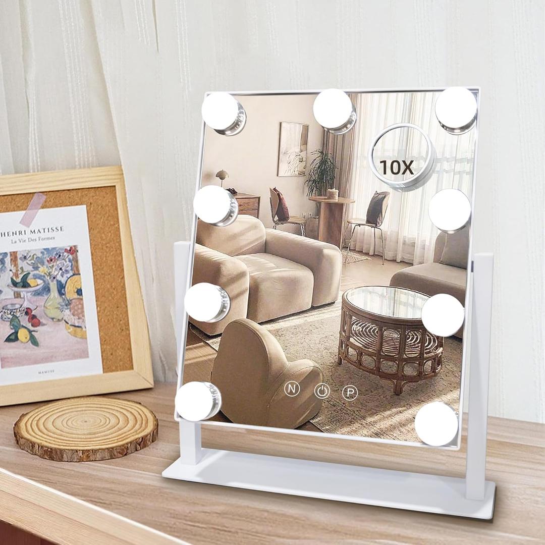 Hollywood Vanity Mirror with Lights, 9 Dimmable LED Bulbs Lighted Makeup Mirror with Detachable 10X Magnification Mirror, 1200mAh Rechargeable, 3 Color Lights, Gifts for Women Mom Teen Girls