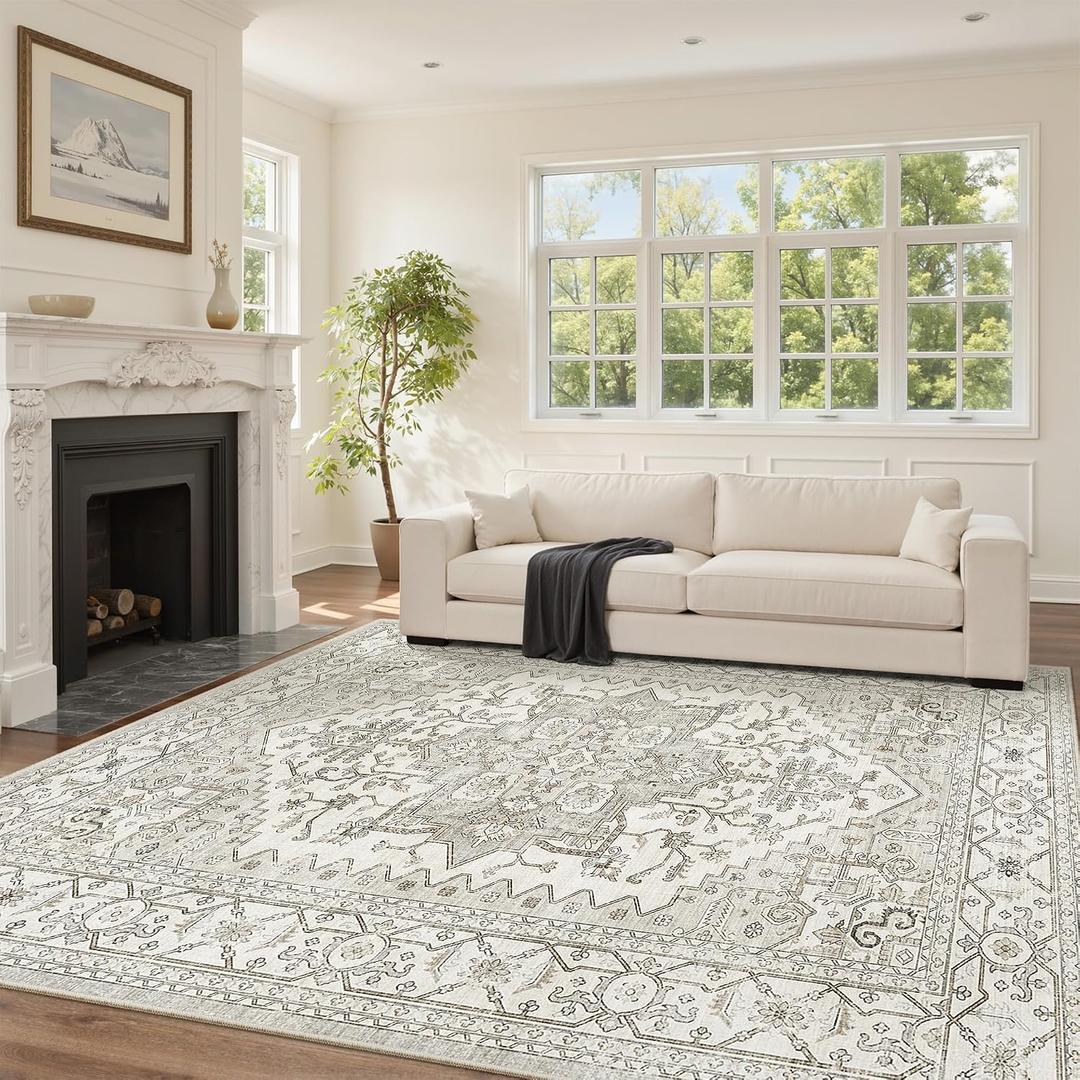 befbee 7x9 Washable Area Rug, Vintage Floral Non Slip Low Pile Carpet Beige