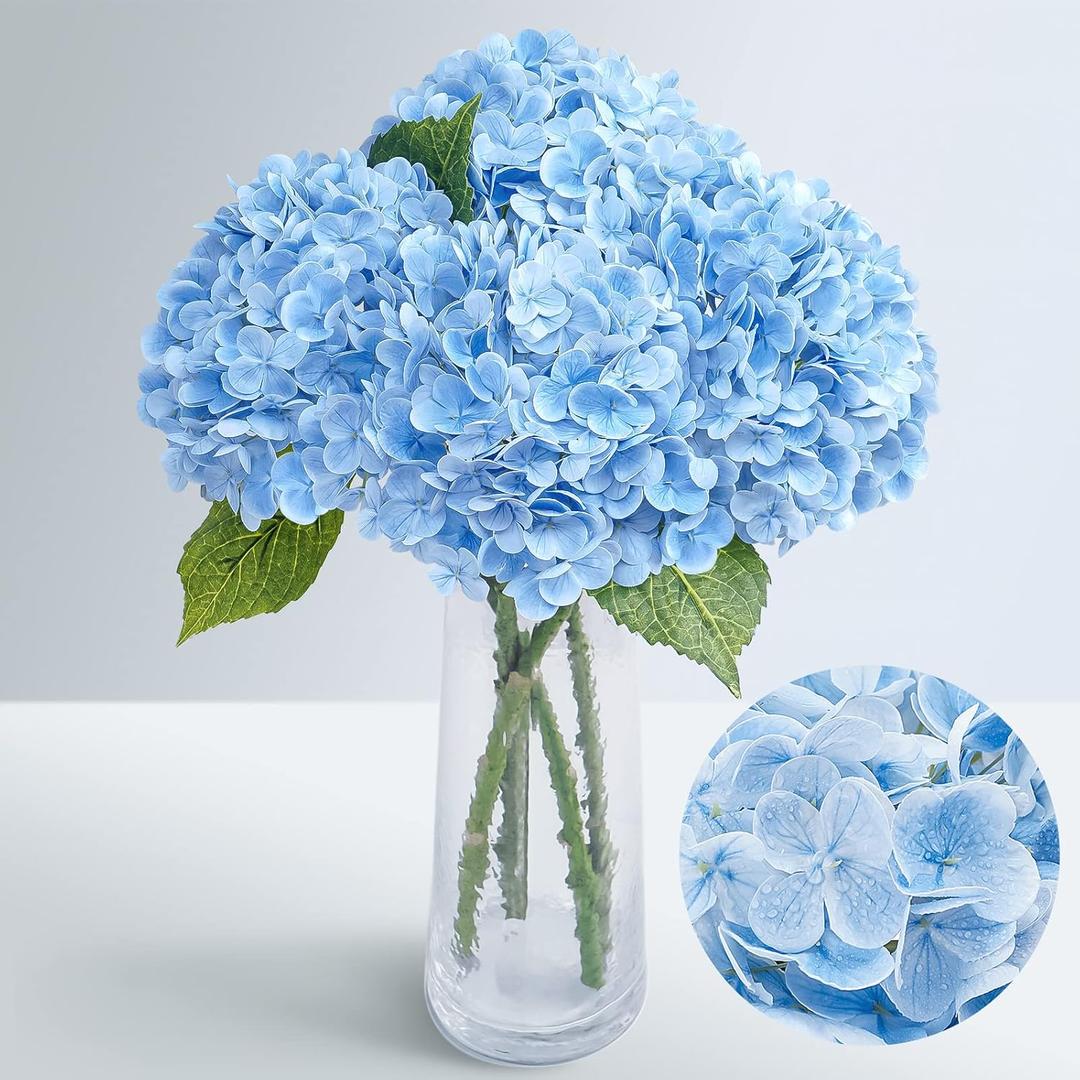 Waipfaru 21" Real Touch Blue Hydrangea Artificial Flowers with Long Stem & Leaves, Full Latex Faux Hydrangea Flowers for Home Decor Party Floral Arrangements Wedding Bouquets Centerpieces, 4Pcs