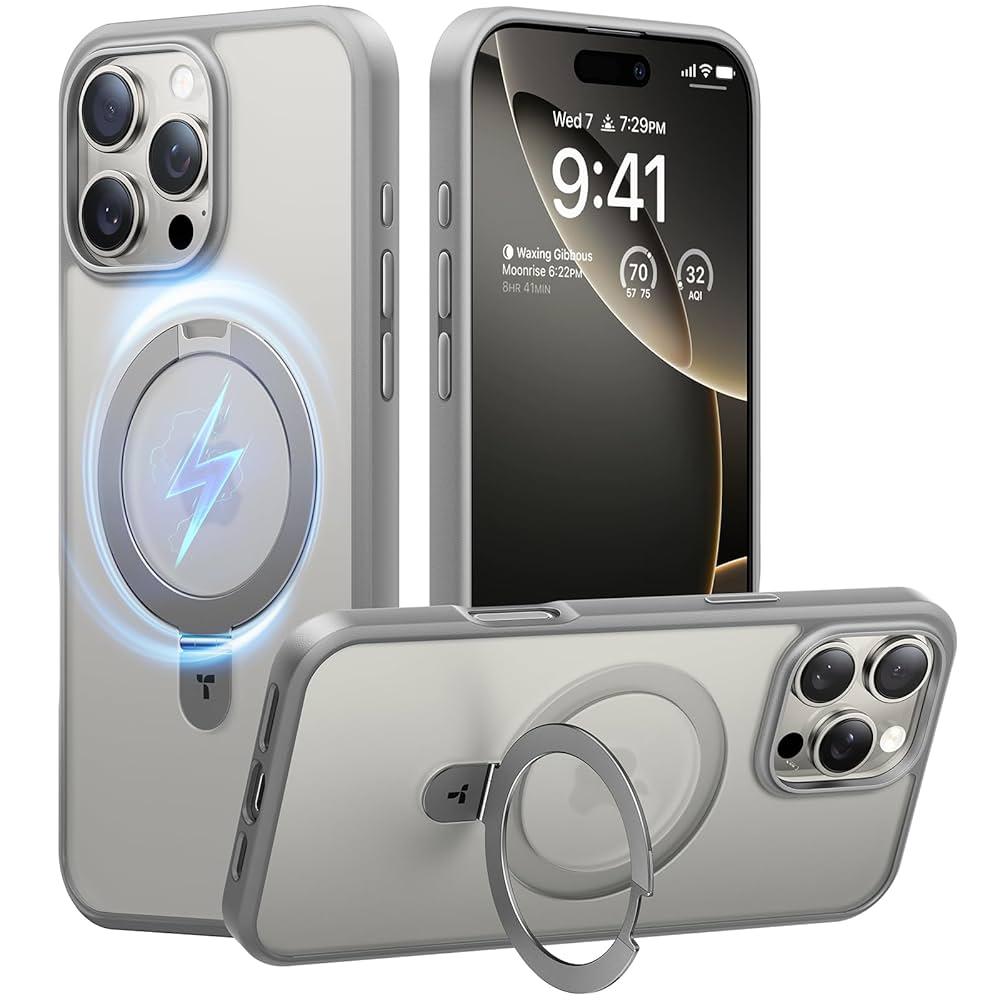 TORRAS Ultra-Magnetic Ostand for iPhone 16 Plus Case, [Compatible with MagSafe] [Flexible Stable Stand] Anti-Yellowing Military-Grade Protection Slim Anti-Scratch Ring Kickstand, Crystal Clear 6.7", Clear Gray