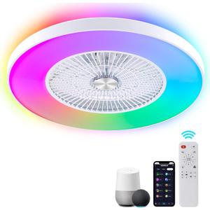 24" Bladeless Ceiling Fans with Lights and Remote/APP/Voice Control, Low Profile Ceiling Fan with RGB Lights, Enclosed Flush Mount Ceiling Fan for Kid's Bedroom/Living Room (White)