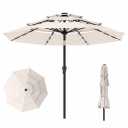 Patio Kingdom 10ft 3-Tier Patio Umbrella with 32 Solar Powered LED Lights, Windproof Outdoor Market Umbrella for Deck, Poolside & Garden, Sturdy Push-Button Tilt Table Umbrella, Creamy White