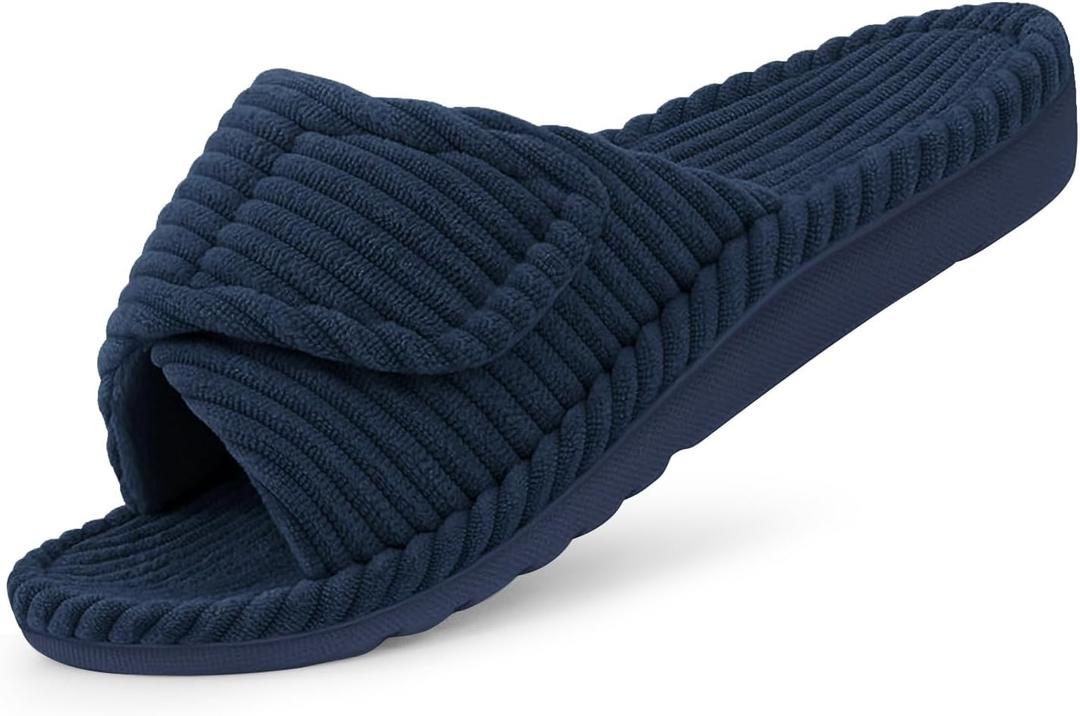 Litfun Orthopedic Slippers for Women Arch Support Indoor House Slippers Adjustable Open Toe Corduroy Bedroom Shoes with Memory Foam for Plantar Fasciitis (8-8.5, Blue)