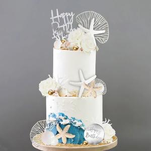 Starfish Conch Cake Toppers Shell Coral Cake Decorations White Flowers Pearl Balls for Shell Starfish Beach Themed Ocean Summer Decoration Supplies