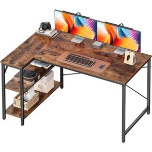 Huuger 47 Inches L Shaped Desk, Computer Desk with Reversible Storage Shelves, for Gaming Corner Home Office Writing Study, Metal Frame, Rustic Brown