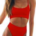 Meyeeka Womens Scoop Neck Cut Out Front Lace Up Back High Cut Monokini One Piece Swimsuit (Small, Red)