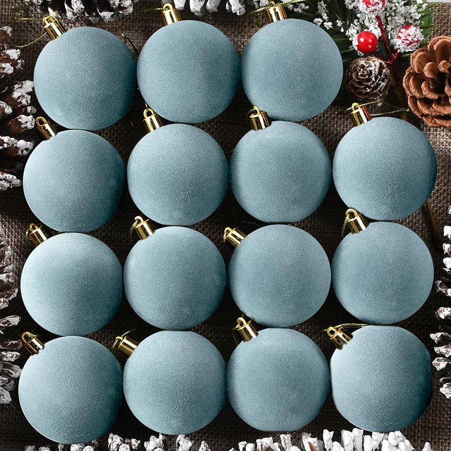 30 Pcs 2.4 Inches Velvet Christmas Ball Ornaments, Shatterproof Dusty Blue Flocked Bulbs Decorations Set, Retro Decorative Hanging Plastic Ornaments for Xmas Tree Holiday Party Décor