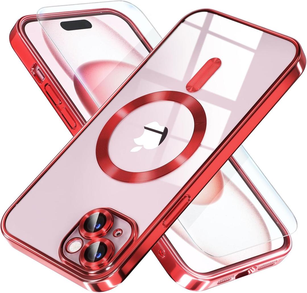Misea Magnetic for iPhone 15 Plus Case Compatible with MagSafe [Never Yellowing] [Military Grade Drop Protection] Full Camera Lens Protector Plating Soft Clear Phone Case for Women Girls, Red