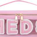 Clear PVC Letter Patch MEDS RX Makeup Bag with Metal Zipper, Large Capacity Nylon Transparent Medicine Bag with Top Handle, First Aid Travel Organizer Cosmetic Bag (02Pink MEDS)