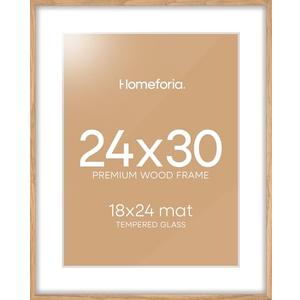 Homeforia 24x30 Picture Frame Wood, High End Natural Oak 24 x 30 Frame with Mat 18 by 24, 24x30 Light Wooden Poster Frames Matted to 18x24 Photo, 30by24 Large Frame, Tempered Glass, Wall Kit, Set of 1