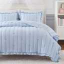 Intelligent Design Bow Embroidered Ruffle Blue Queen Quilt Set, 3pc | Bedding Full Size, Girls Bedroom, Cottagecore, Reversible, Down Alternative, Ultra Soft, All-Season, Lightweight