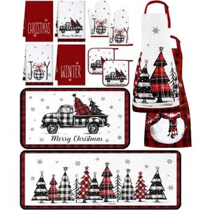 12 Pcs Christmas Farmhouse Kitchen Decor Set 4 Kitchen Towels 2 Xmas Apron 2 Oven Mitts 2 Pot Holders 2 Rugs for Cooking Baking Grilling Women Mom Daughter Gift (Xmas Tree)