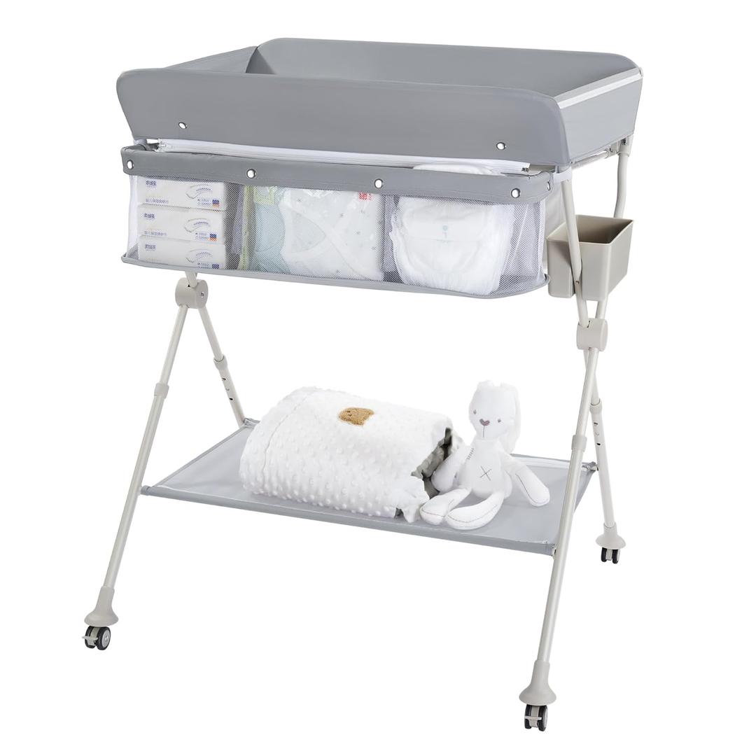Diaper Changing Table Portable with Wheels Foldable Diaper Station Organizer & Storage Rack Newborn and Baby (Light Grey)