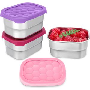 3 Pack Stainless Steel Snack Containers for Kids, 8 oz Easy Open Leak Proof Small Toddler Snack Containers with Silicone Lids, Stackable Metal Lunch Box for Daycare and School (Pink)