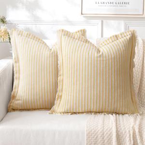 MIULEE Pack of 2 Yellow Pillow Covers 18x18 Inch Striped Farmhouse Couch Throw Pillow Covers with Fringe Chic Cotton Decorative Cushion Covers for Summer Sofa Living Room Bed Outdoor Home Decor