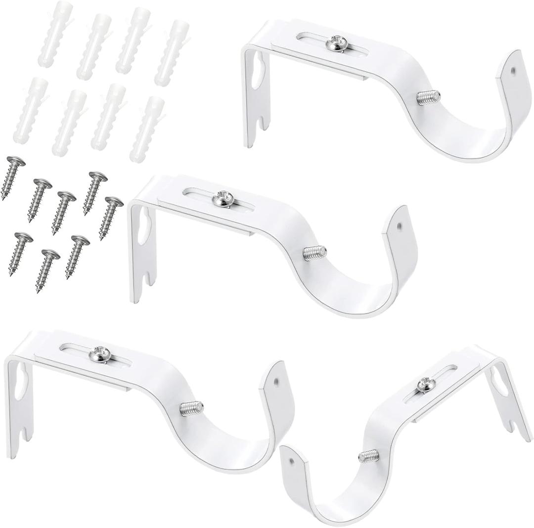 Frienda 4 Pcs Curtain Rod Support Brackets White Adjustable Curtain Rod Hangers for 1 Inch Diameter General Hardware Holders Wall Bracket Hanger Hooks with Screws