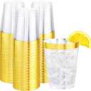 I00000 60PCS Gold Plastic Cups, 10 oz Clear Disposable Cups with Golden Trim, Heavy-Duty Disposable Hard Plastic Wine Glasses Cocktail Glasses Perfect for Wedding & Party