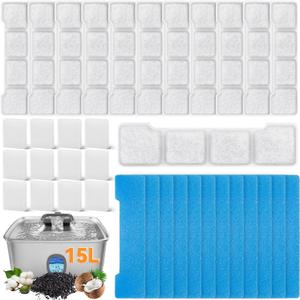 12Pack Dog Filters for SIBAYS/Kastty 4Gal/15L Large Dog Water Fountain L05 | Natural Coconut Shell Activated Carbon Filtration, Pet Water Replacement Filters, 12 Filter &12 Pre-Sponges &12 Pump Sponges