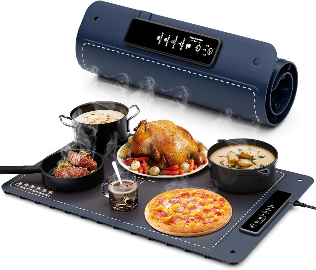 Warming Mat for Food, Fousixdi Electric Warming Mat Full Surface with 4 Temperature Levels, Auto Shut-Off, Timer Function, Fast, Even Heating Silicone Food Warmers for Buffets, Parties & Everyday Use (Blue)