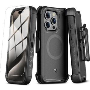 M MYBAT PRO Maverick Series iPhone 15 Pro Max Case with Belt Clip Holster,[Compatible with Magsafe] w/Screen Protector,Anti-Drop,Shockproof,with 360Rotating Kickstand,Heavy Duty Protection Black