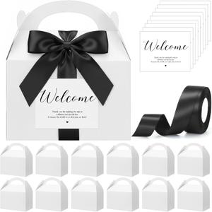 Maitys 24 Set Welcome Gable Boxes with Ribbon and Label 9x6x6'' Wedding Gift for Guests Large Paper Welcome Boxes for Wedding Bridal Baby Shower Party Favors (Black)