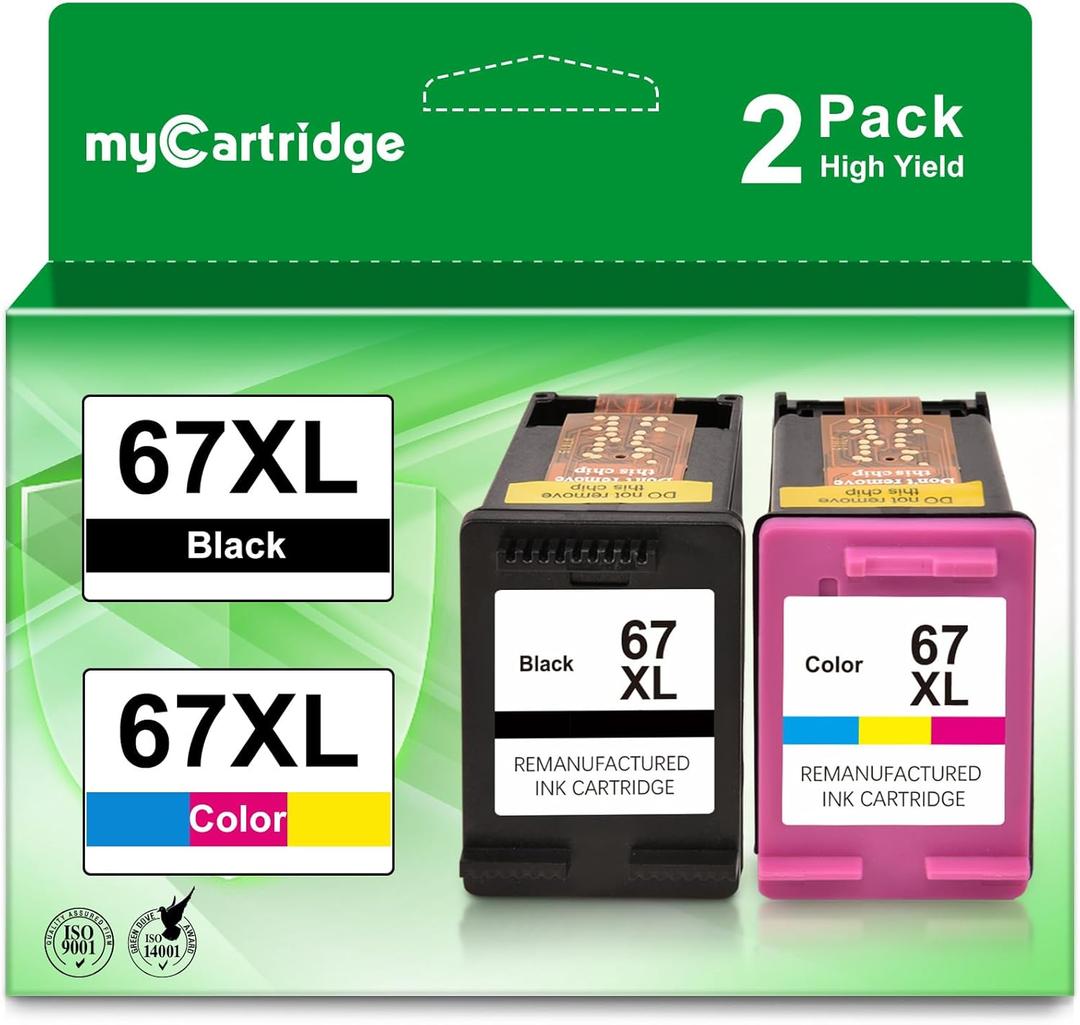myCartridge Remanufactured 67XL Ink Cartridge Replacement for DeskJet 2855e 2755e 2700 2700e 2752e 4155e Envy 6055e 6000 6400 6455e, Black, Tri-Color, 2-Pack (67XL BLACK COLOR)