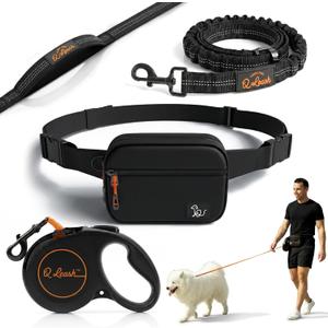 Retractable Hands Free Dog Leash with Zipper Storage Pouch - 3-Piece Bungee Running, Walking & Hiking Leash with Waist Belt - Release Clip, One Button Lock - Reflective Stitching for Medium Large Dogs