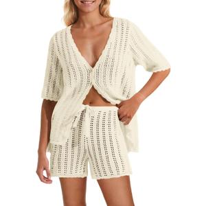 Saodimallsu Women Crochet 2 Piece Swimsuit Cover Up Short Sleeve Knit Tops Shorts Sets Summer Beach Vacation Outfit (Beige)