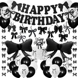 Black Bow Birthday Decorations Girls Bow Happy Birthday Banner Black White Balloon Coquette Decorations Hanging Swirls Garland Ribbon Party Decor Supplies for Girls Women