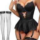 Lilosy Sexy Stocking Rhinestones Heart Garter Underwire Floral Mesh lace Sheer Babydoll Lingerie Teddy Bodysuit Skirt Set (Large, Black)