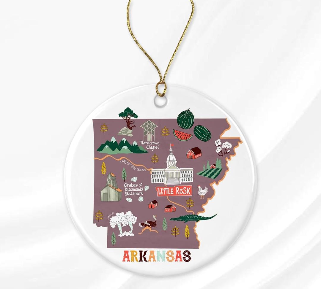 PTDShops Arkansas State Ornament, State USA Ornament, Travel Souvenir Collection USA, America Christmas 2023, Xmas Tree Hanging Decorations, USA State Souvenir Ceramic Ornament Printed on Both Sides