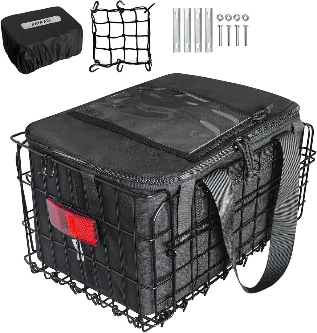 RAYMACE Bike Basket Rear with Cooler Bag and Cargo Net,Waterproof Cover,Folding Bicycle Basket, Quick Release Design Ebike Basket for Adult, Storage Groceries,Bento Lunch,Fruit, Large