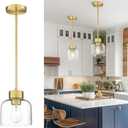 Gold Pendant Lights Kitchen Island, 7" Hanging Lights Fixtures with Clear Glass Shade, Modern Brass Kitchen Pendant Lighting Over Island for Dining Room, AD-24024-1P-GD