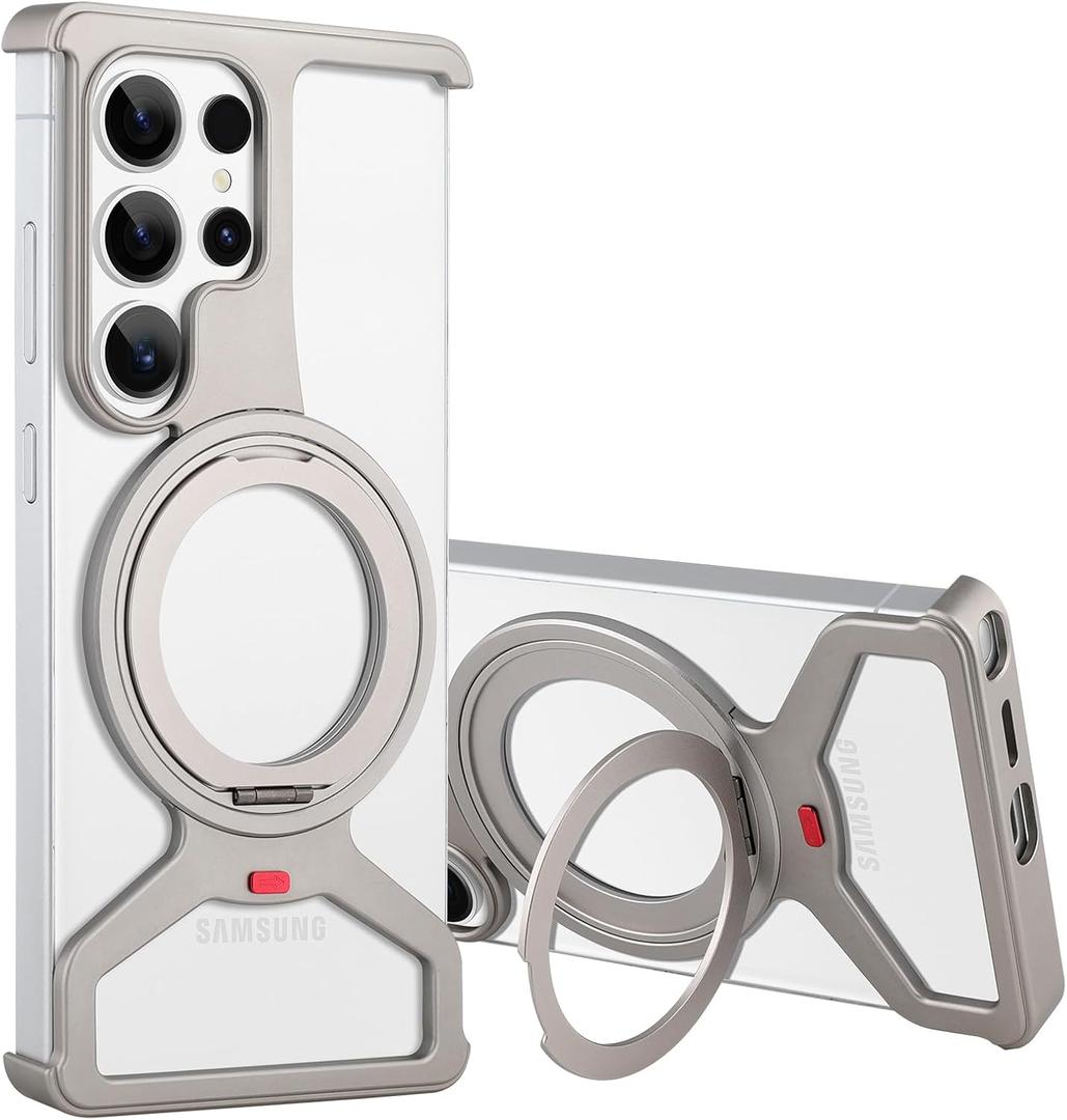 Metal Frameless Stand Phone Case Compatible with Galaxy S25 Ultra Phone Case Metal Magnetic Frameless Kickstand Case (Metal Silver Case)
