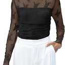 XIEERDUO Women's Sexy Sheer Long Sleeve Tops Crew Neck Mesh Ruched Going Out Shirts Blouse Date Night Outfits (Black, XS)