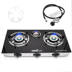 3 Burner Propane Gas Cooktop,Camping Portable LPG Gas Stove, Auto Ignition Tempered Glass Countertop regulator burner grate