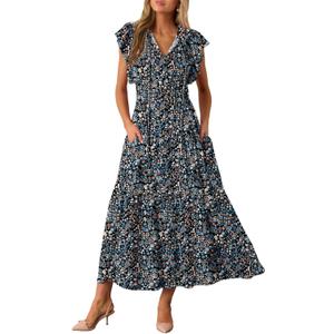 BLENCOT Womens Cotton Floral Maxi Dresses Casual Flowy Boho Dresses Summer Ruffle Short Sleeve V Neck Dress with Pockets (L)